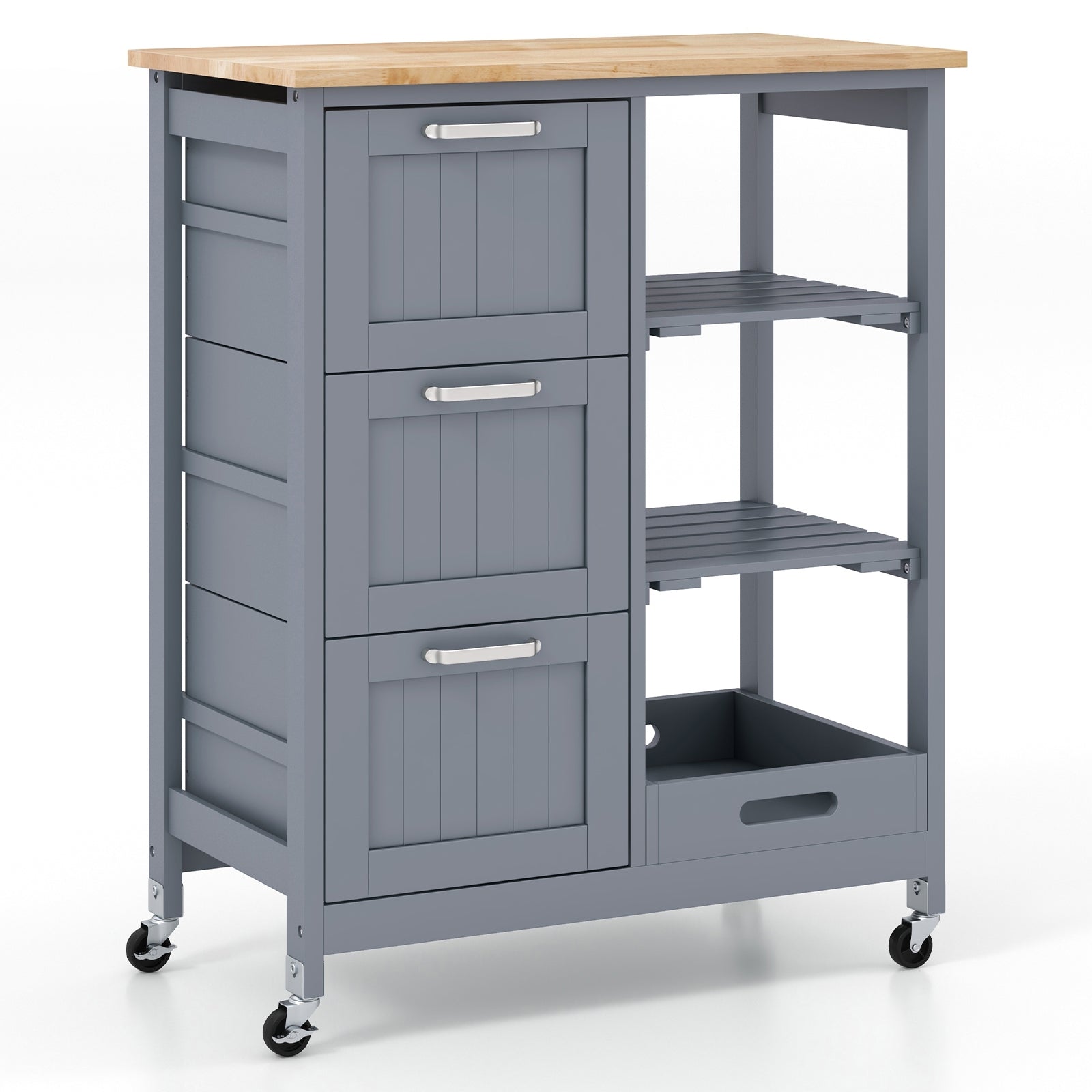 Kitchen Island Cart on Wheels with Rubber Wood Top and 3 Drawersand Removable Tray, Gray Kitchen Islands & Carts at Gallery Canada