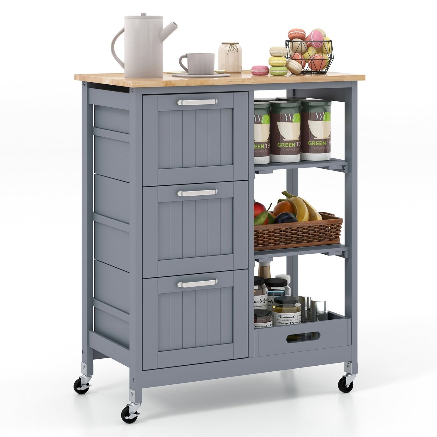 Kitchen Island Cart on Wheels with Rubber Wood Top and 3 Drawersand Removable Tray, Gray Kitchen Islands & Carts at Gallery Canada