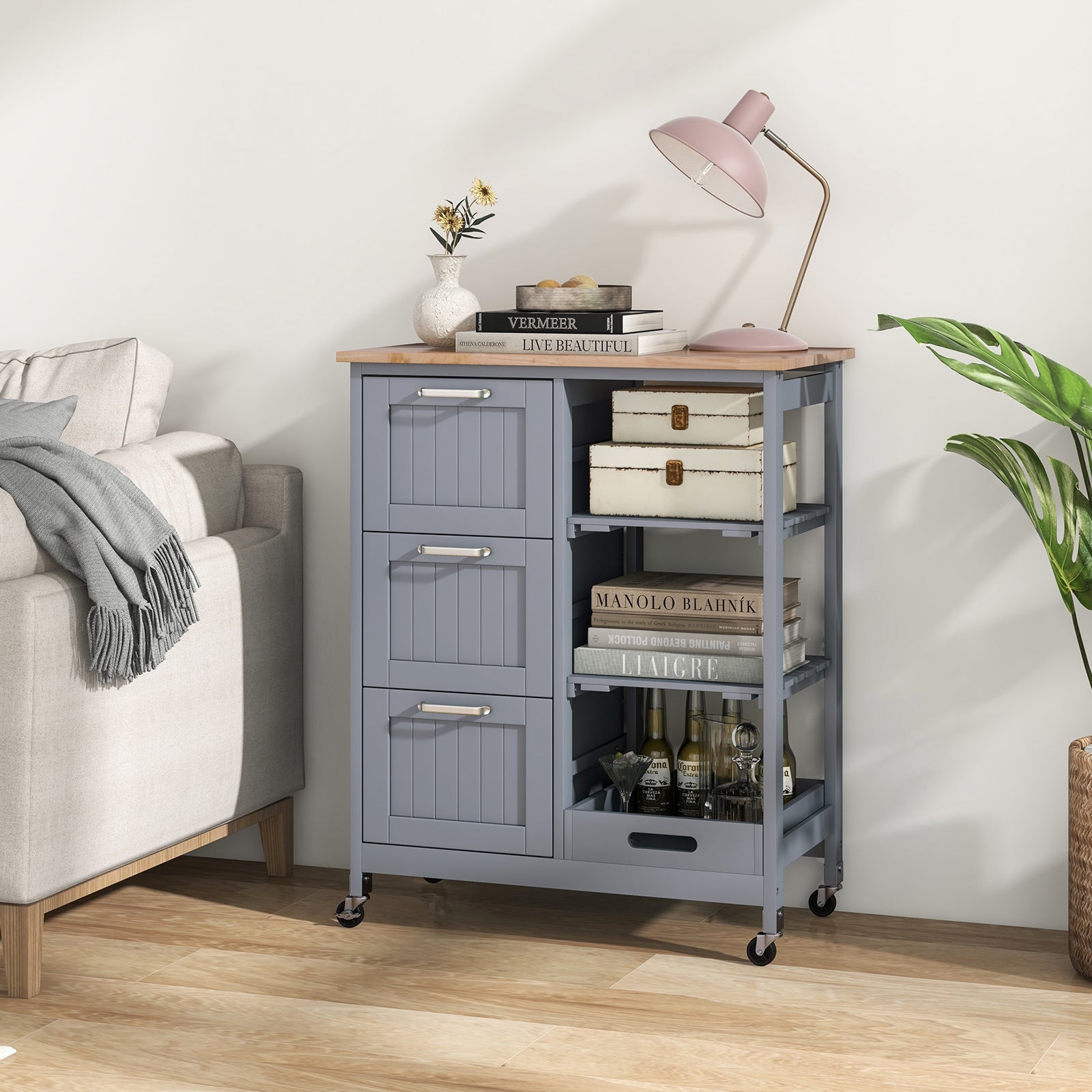 Kitchen Island Cart on Wheels with Rubber Wood Top and 3 Drawersand Removable Tray, Gray Kitchen Islands & Carts at Gallery Canada