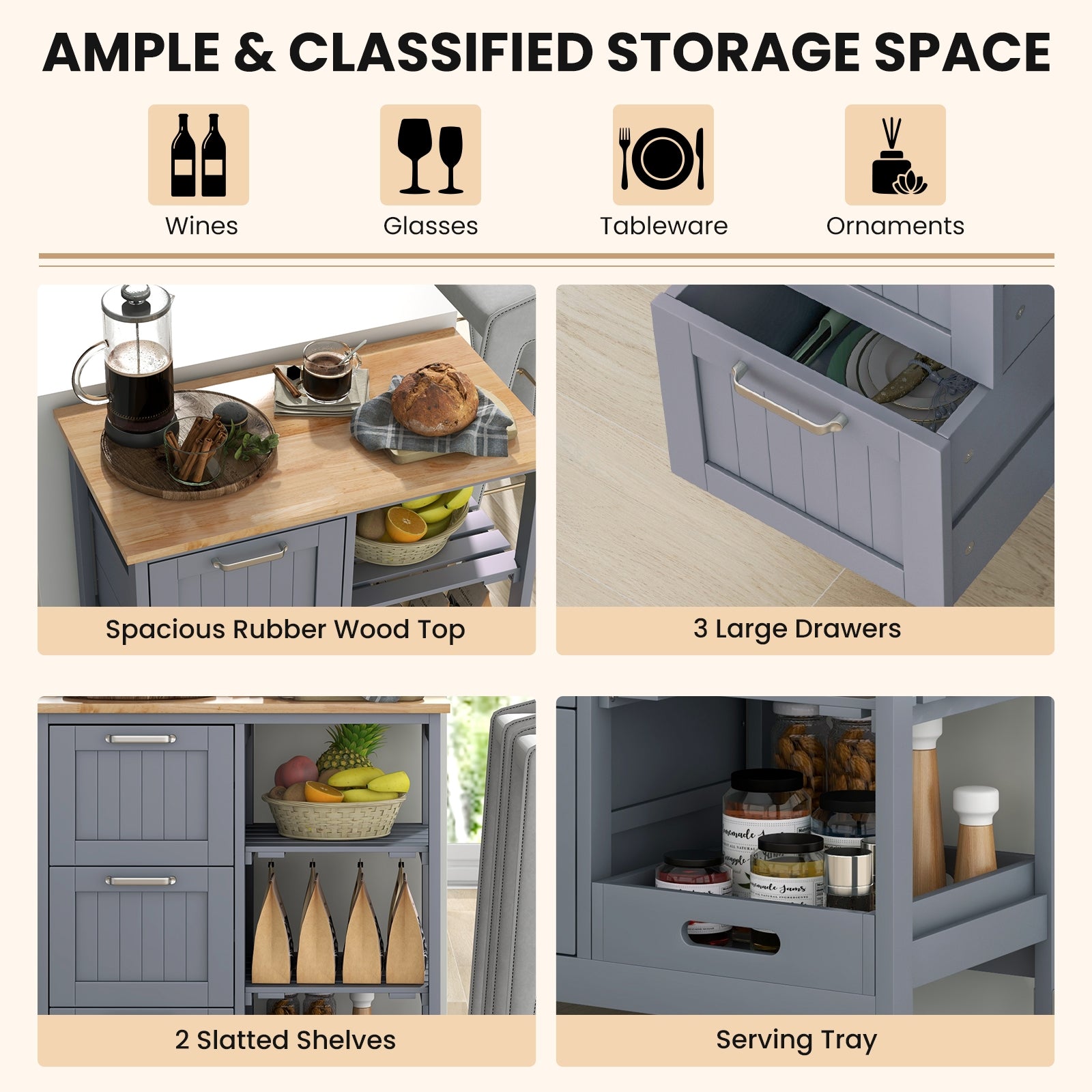 Kitchen Island Cart on Wheels with Rubber Wood Top and 3 Drawersand Removable Tray, Gray Kitchen Islands & Carts at Gallery Canada