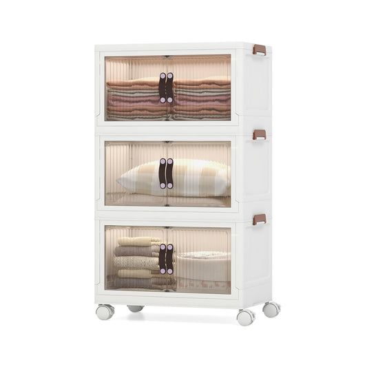 25.5/60 Gal 3-Tier Stackable Storage Boxes, Magnetic Doors, Lockable Casters, White