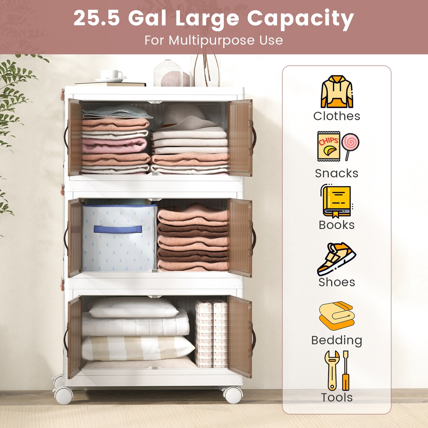 25.5/60 Gal 3-Tier Stackable Storage Boxes Bins with Magnetic Doors and Lockable Casters-S, White Cabinets & Chests at Gallery Canada