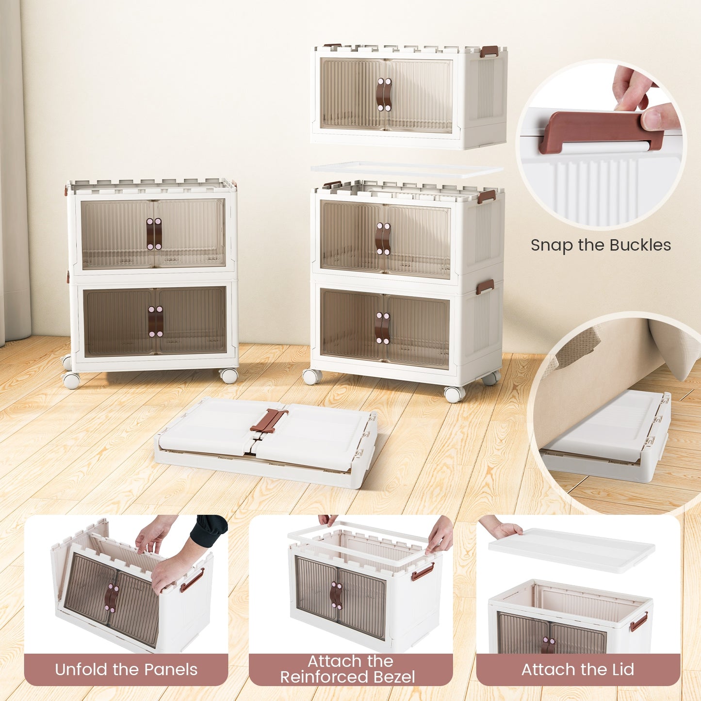 25.5/60 Gal 3-Tier Stackable Storage Boxes Bins with Magnetic Doors and Lockable Casters-S, White Cabinets & Chests at Gallery Canada