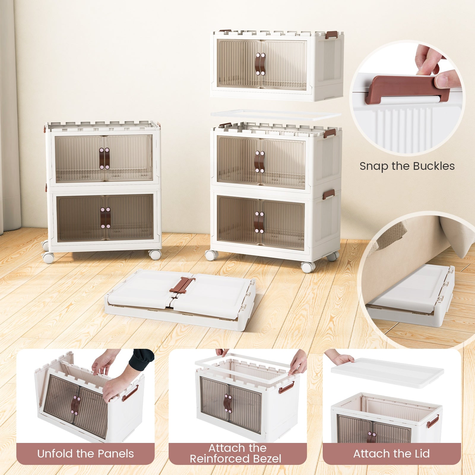 25.5/60 Gal 3-Tier Stackable Storage Boxes Bins with Magnetic Doors and Lockable Casters-S, White Cabinets & Chests at Gallery Canada