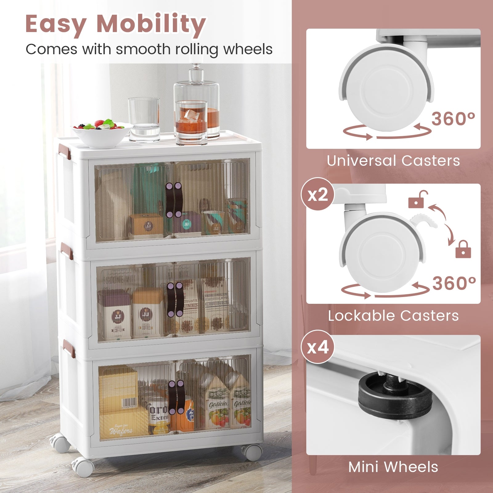 25.5/60 Gal 3-Tier Stackable Storage Boxes Bins with Magnetic Doors and Lockable Casters-S, White Cabinets & Chests at Gallery Canada