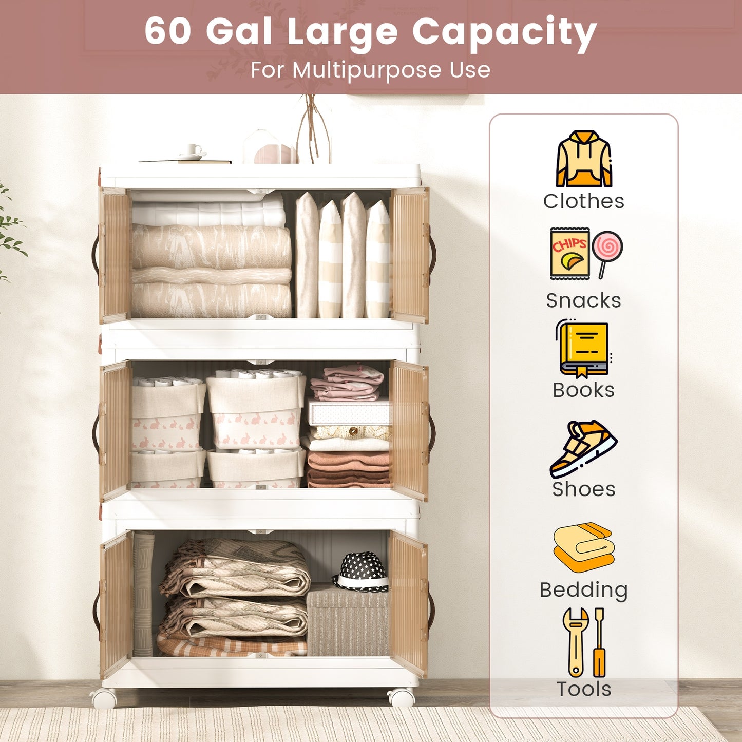 25.5/60 Gal 3-Tier Stackable Storage Boxes Bins with Magnetic Doors and Lockable Casters-M Cabinets & Chests at Gallery Canada