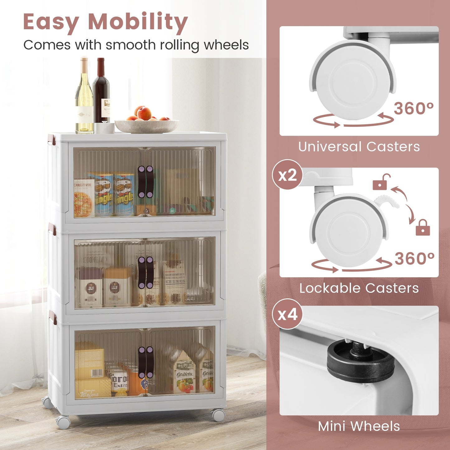 25.5/60 Gal 3-Tier Stackable Storage Boxes Bins with Magnetic Doors and Lockable Casters-M Cabinets & Chests at Gallery Canada