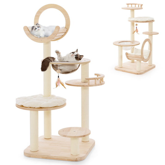 4-in-1 Large Wooden Cat Tower with Space Capsule Nest for Indoor Cats, Beige - Gallery Canada