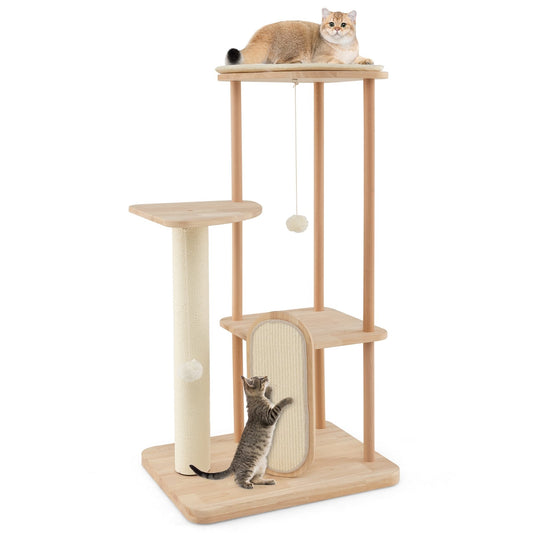 Wooden Multi-level Modern Cat Tower with Scratching Board and Post-44 inches, Beige - Gallery Canada