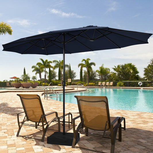 15 Feet Double-Sided Twin Patio Umbrella with Crank and Base, Navy - Gallery Canada