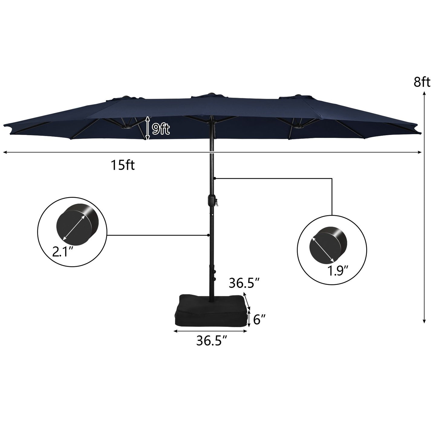 15 Feet Double-Sided Twin Patio Umbrella with Crank and Base, Navy