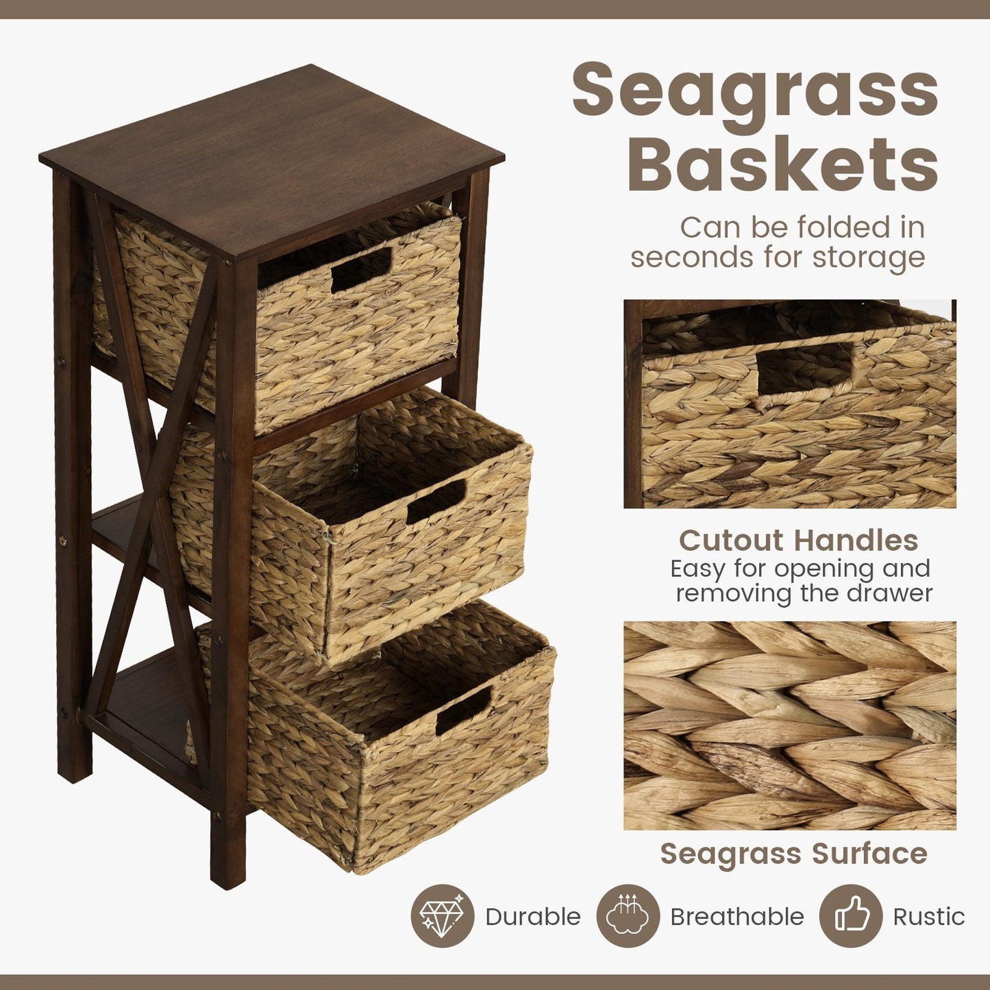 3/4-Tier Nightstand with 2/3 Seagrass Baskets Narrow X-Design-3 Baskets, Walnut