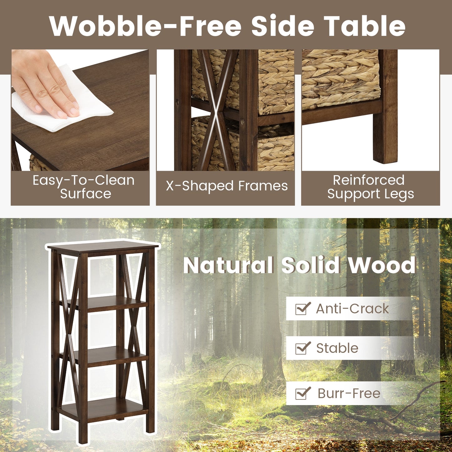 3-Tier Nightstand With 3 Seagrass Baskets, Narrow X-Design, Walnut Nightstands at Gallery Canada
