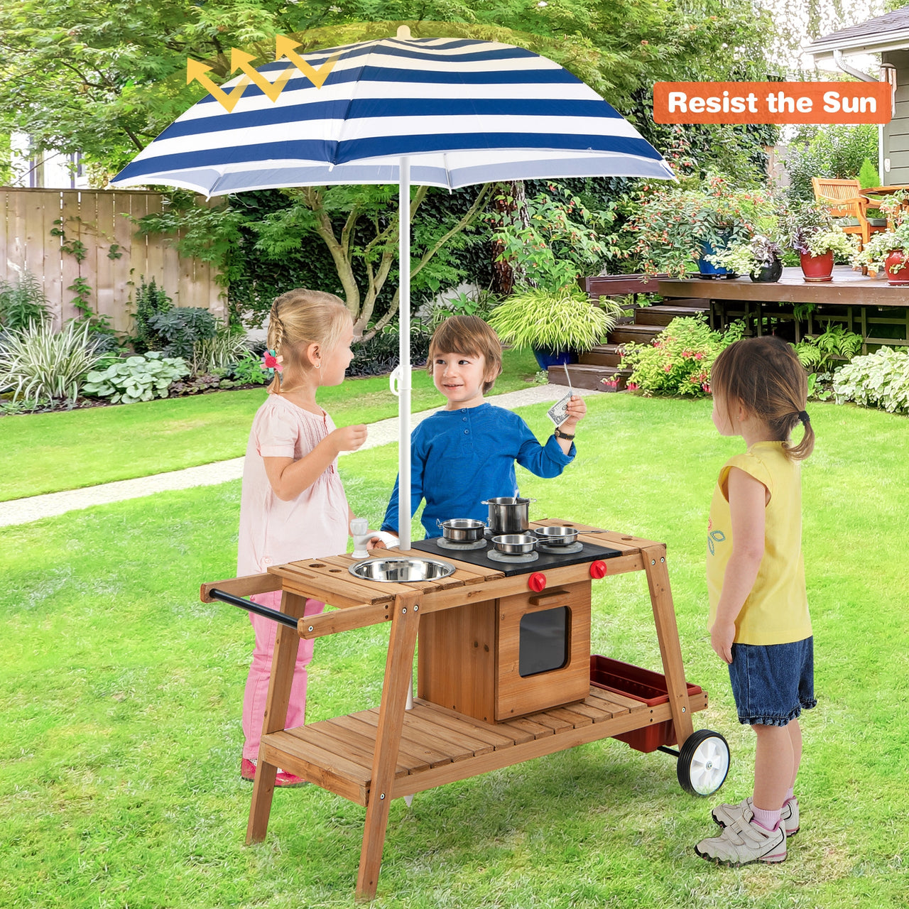 Wooden Play Cart with Sun Proof Umbrella for Toddlers Over 3 Years Old - Gallery View 2 of 10