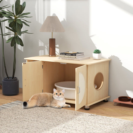 Cat Litter Box Enclosure with Sisal Scratching Doors and Adjustable Metal Feet, Natural - Gallery Canada