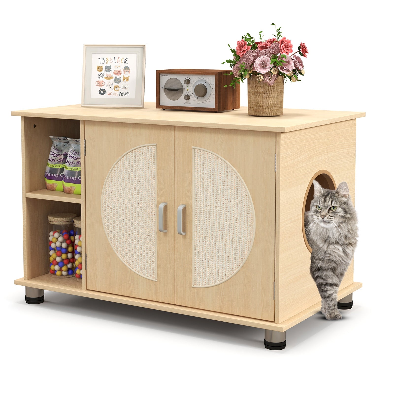 Cat Litter Box Enclosure with Sisal Scratching Doors and Adjustable Metal Feet, Natural Cat Houses at Gallery Canada