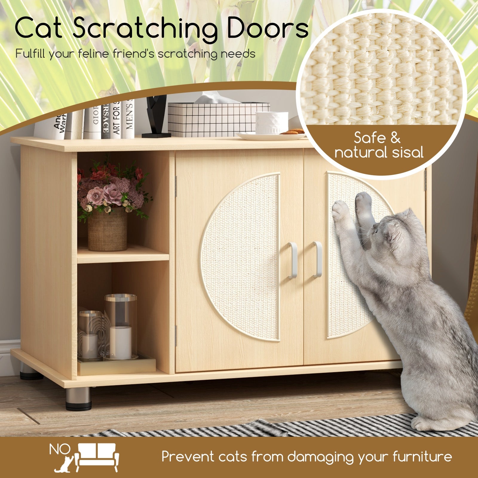 Cat Litter Box Enclosure with Sisal Scratching Doors and Adjustable Metal Feet, Natural Cat Houses at Gallery Canada