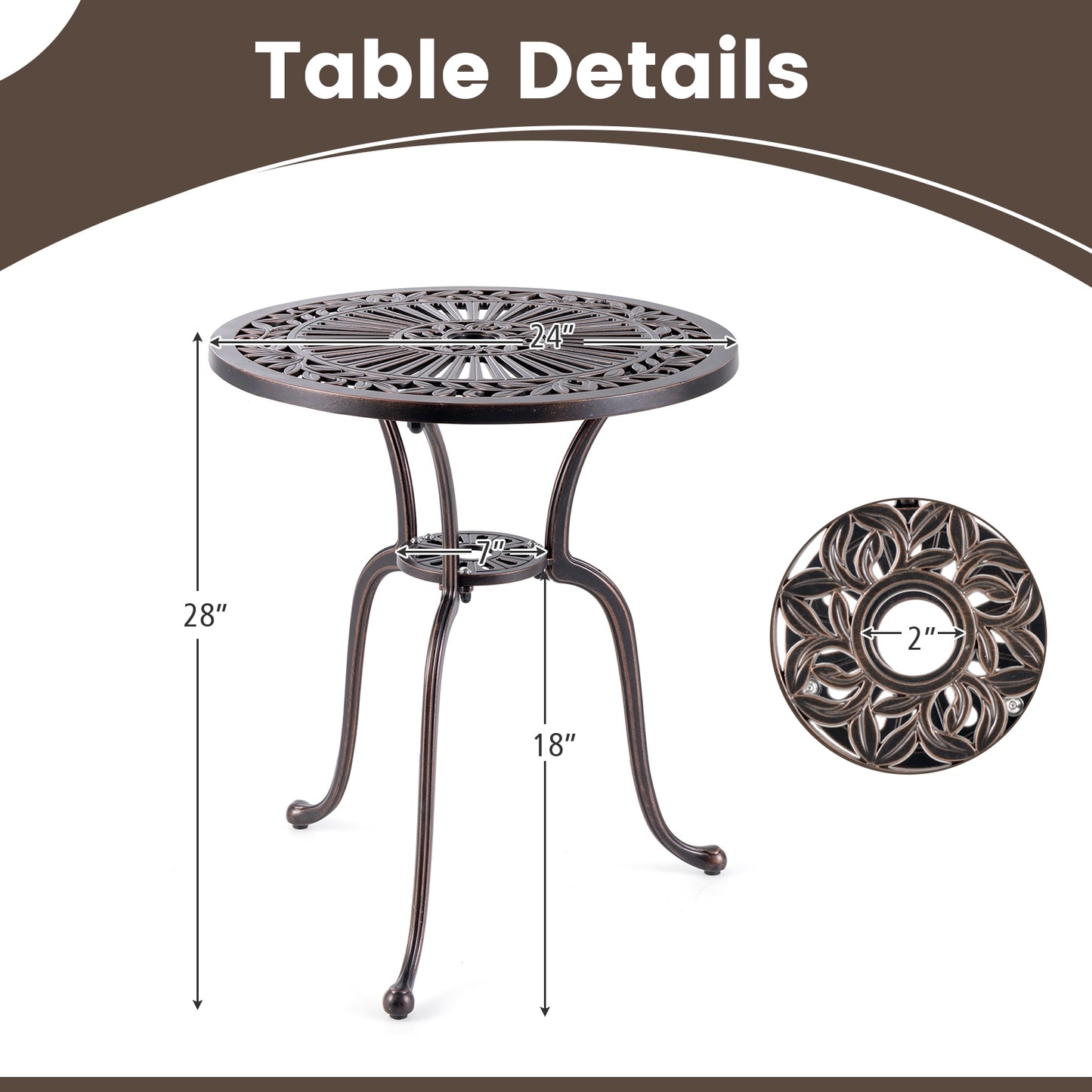 24 Inch Round Cast Aluminum Table Patio Dining Bistro Table with 2 Inch Umbrella Hole, Copper Patio Dining Tables at Gallery Canada