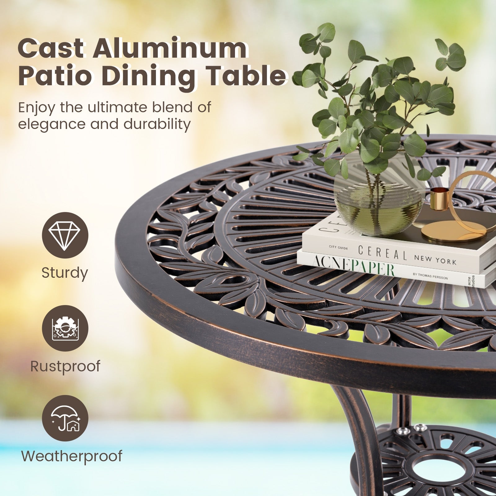 24 Inch Round Cast Aluminum Table Patio Dining Bistro Table with 2 Inch Umbrella Hole, Copper Patio Dining Tables at Gallery Canada