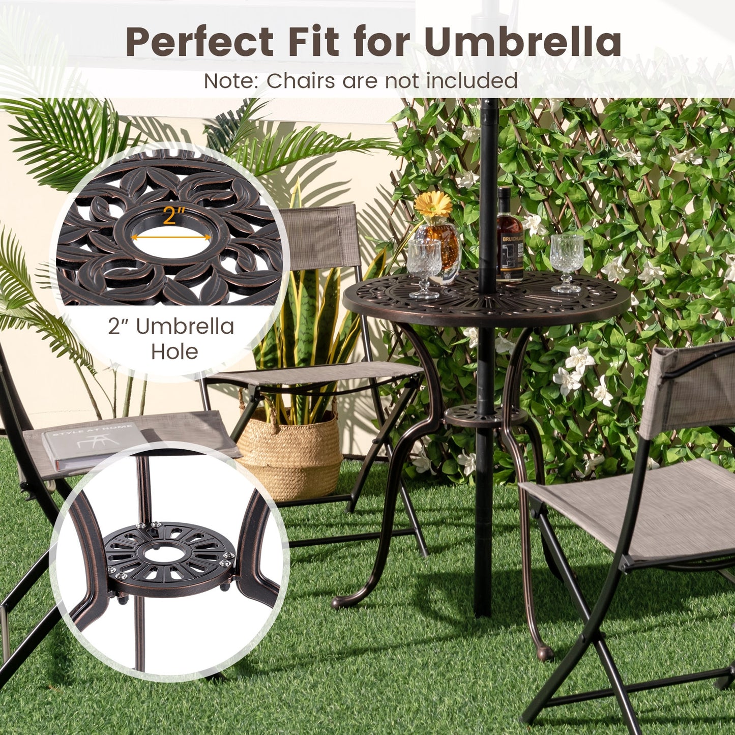 24 Inch Round Cast Aluminum Table Patio Dining Bistro Table with 2 Inch Umbrella Hole, Copper Patio Dining Tables at Gallery Canada