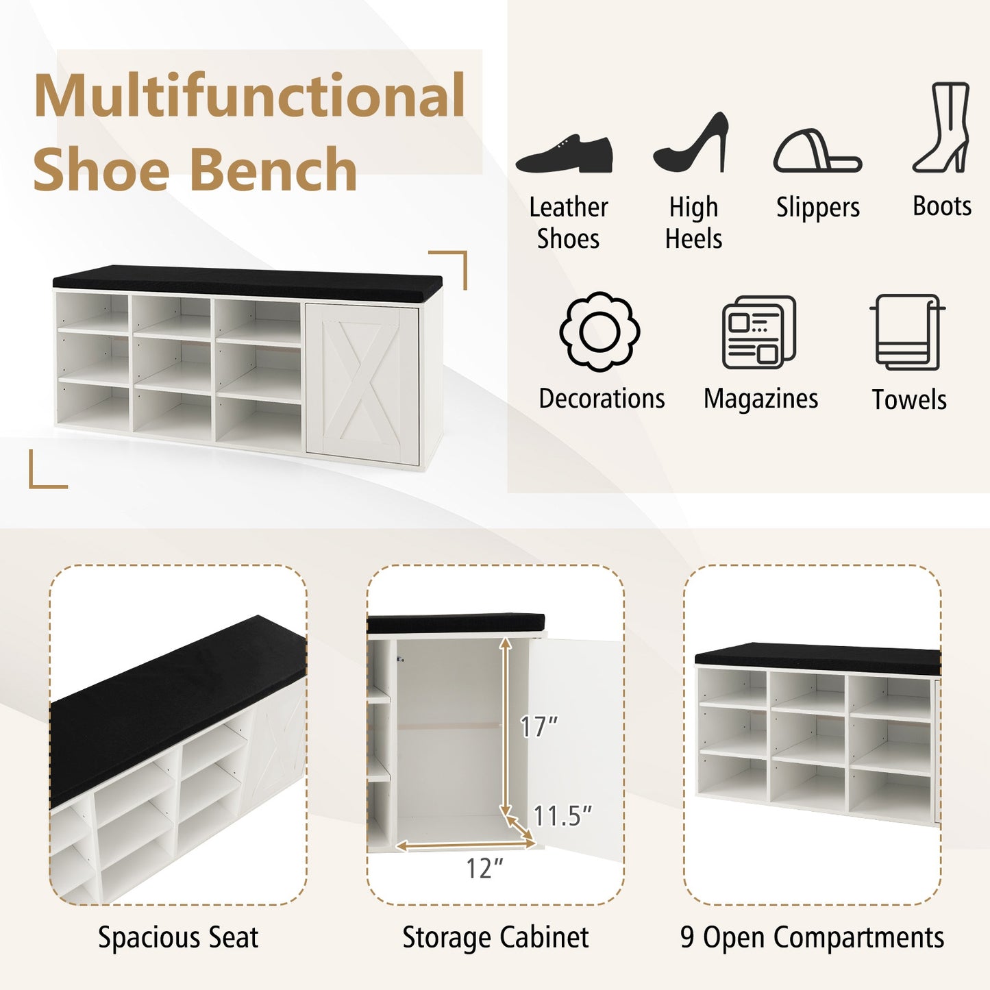 9-cube Shoe Bench with Adjustable Shelves and Removable Padded Cushion, White Shoe Racks & Storage Benches at Gallery Canada
