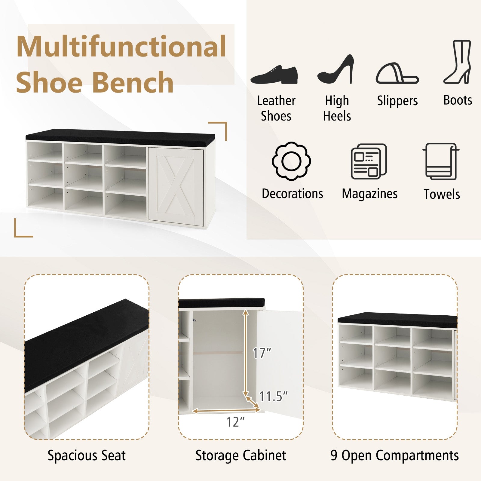 9-cube Shoe Bench with Adjustable Shelves and Removable Padded Cushion, White Shoe Racks & Storage Benches at Gallery Canada