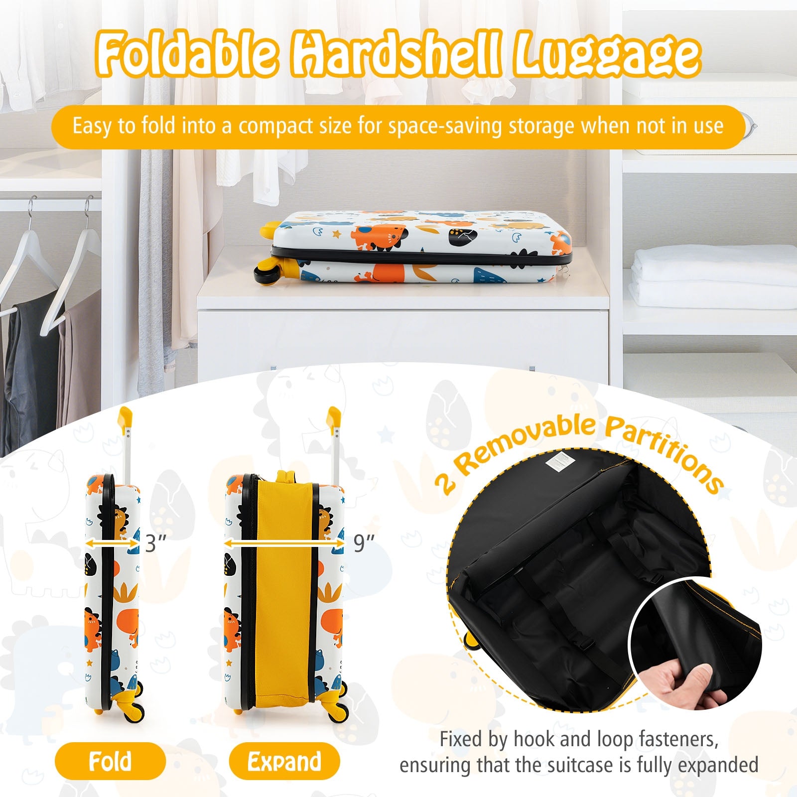 20 Inch Kids Rolling Luggage Foldable Hardshell Carry-on Suitcase on Wheels, Yellow Kids Luggage at Gallery Canada