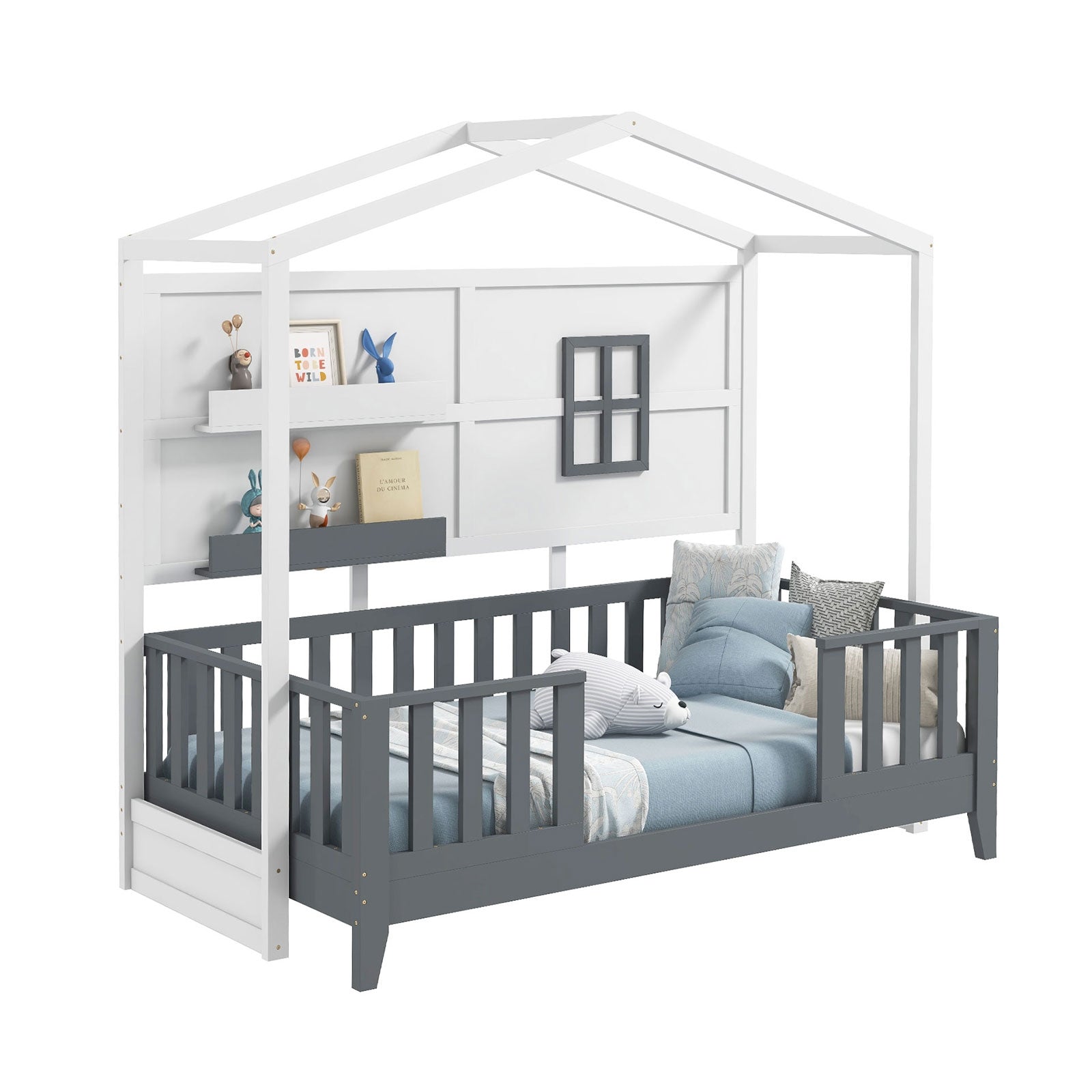 Twin Wood House Bed, Montessori Floor Bed, 2 Shelves, Guardrails, White, Gray Toddler Beds Gray & White at Gallery Canada