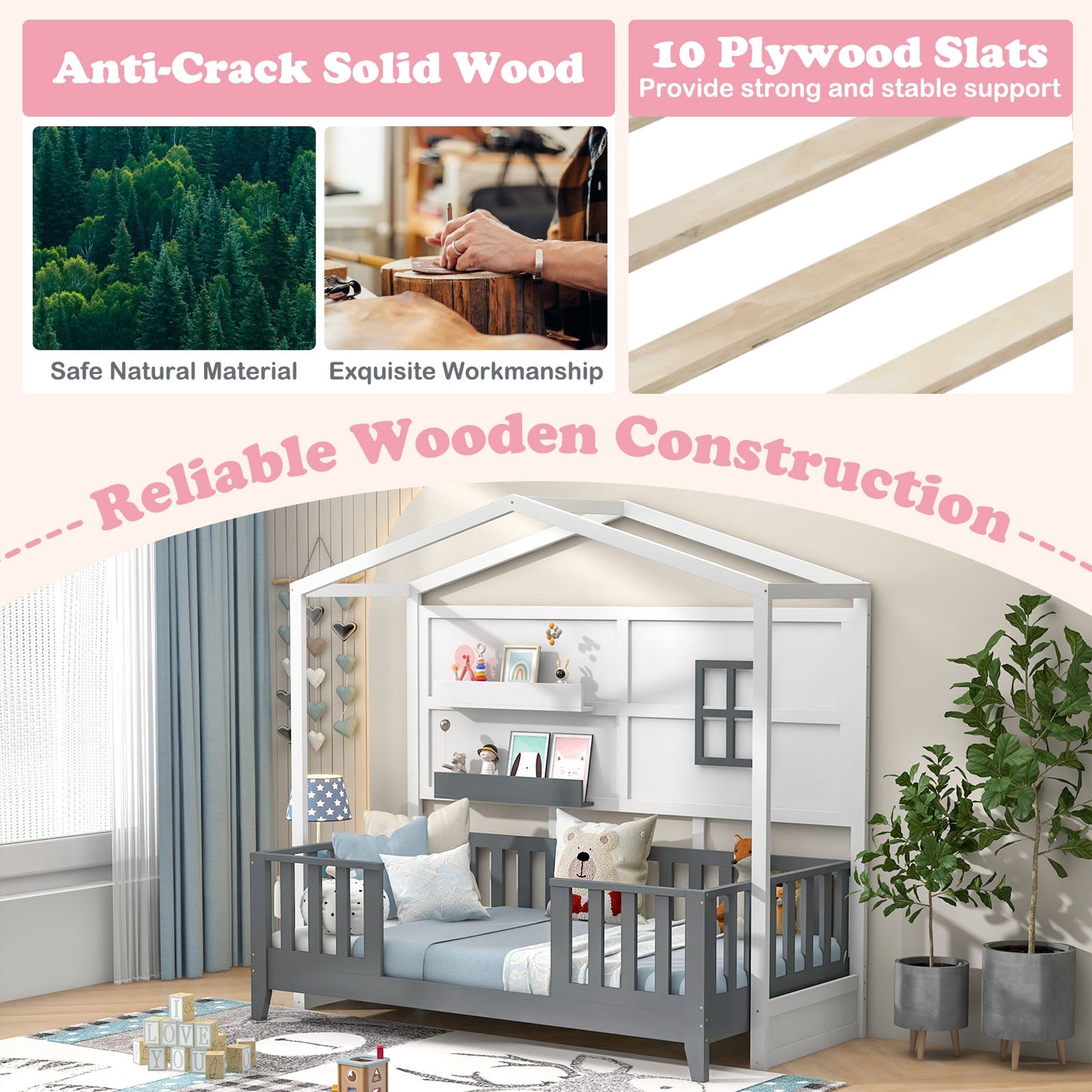 Twin Wood House Bed Montessori Floor Bed with 2 Shelves and Guardrails, Gray & White Toddler Beds at Gallery Canada