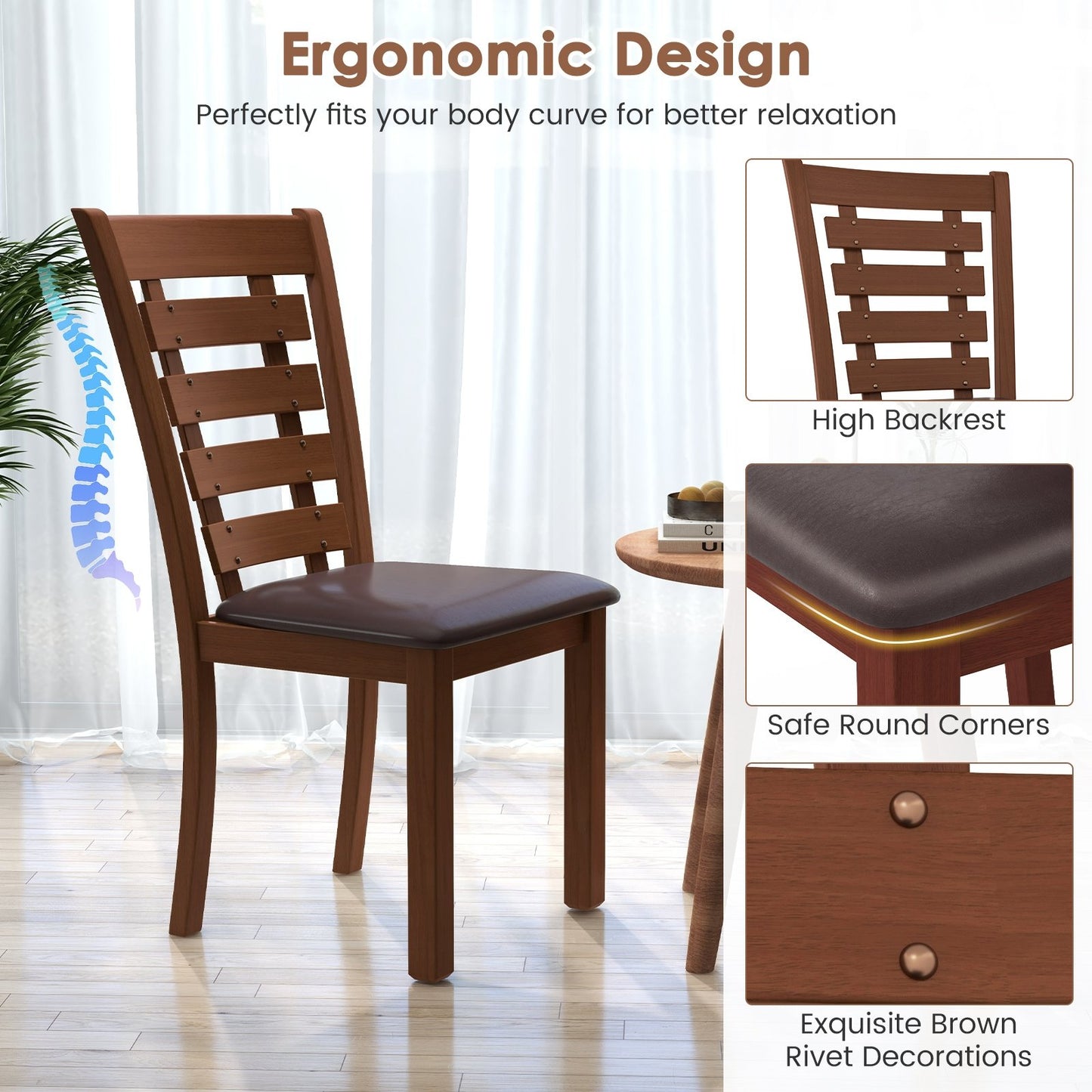Wooden Dining Chairs Set of 2 with Upholstered Seat and Rubber Wood Frame, Brown