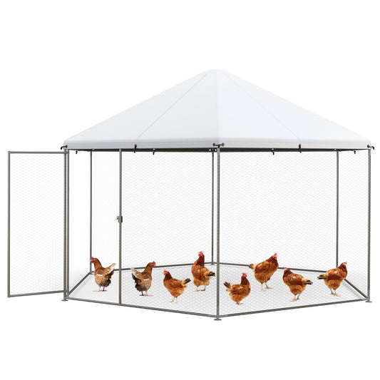 13FT Large Metal Hexagonal Chicken Coop, Wire Mesh, Lockable Door, Silver Chicken Coops Silver at Gallery Canada