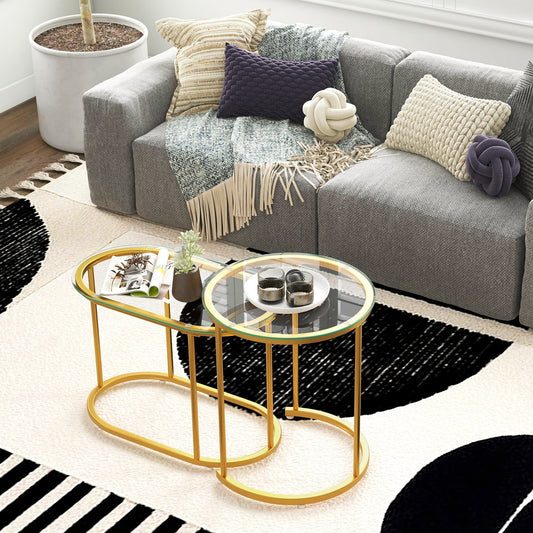 Nesting Coffee Table Set of 2 with Tempered Glass Tabletop, Golden - Gallery Canada