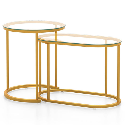 Nesting Coffee Table Set of 2 with Tempered Glass Tabletop, Golden