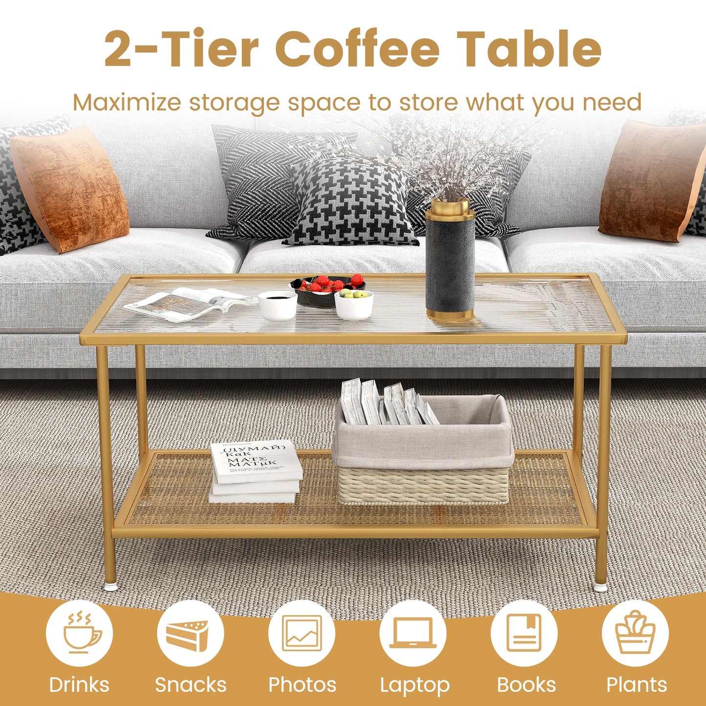 2-Tier Coffee Table, Tempered Glass Top, Golden Coffee Tables at Gallery Canada
