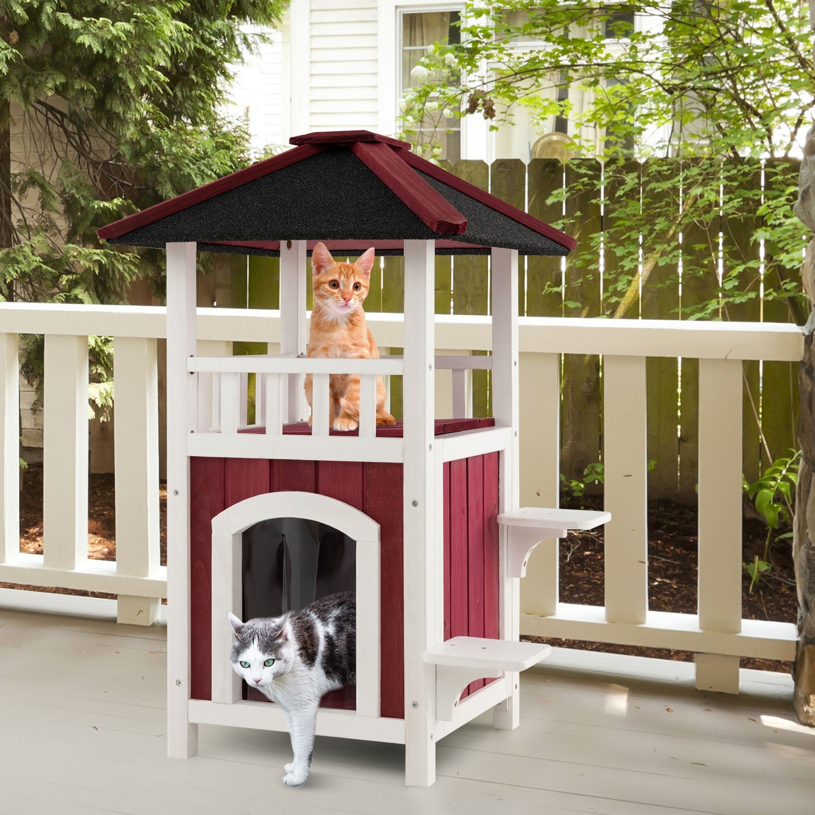 2-Story Wooden Cat House with Asphalt Roof Balcony and Rain Curtain, Red & White Cat Houses at Gallery Canada