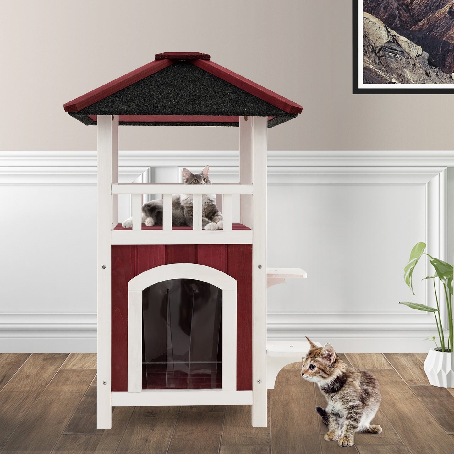 2-Story Wooden Cat House, Asphalt Roof Balcony, White, Red Cat Houses at Gallery Canada