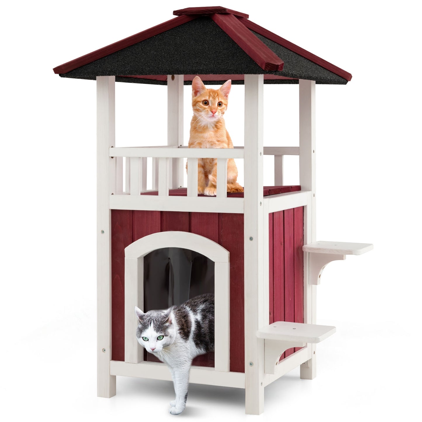 2-Story Wooden Cat House with Asphalt Roof Balcony and Rain Curtain, Red & White Cat Houses Red & White at Gallery Canada