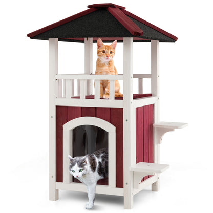 2-Story Wooden Cat House, Asphalt Roof Balcony, White, Red Cat Houses at Gallery Canada