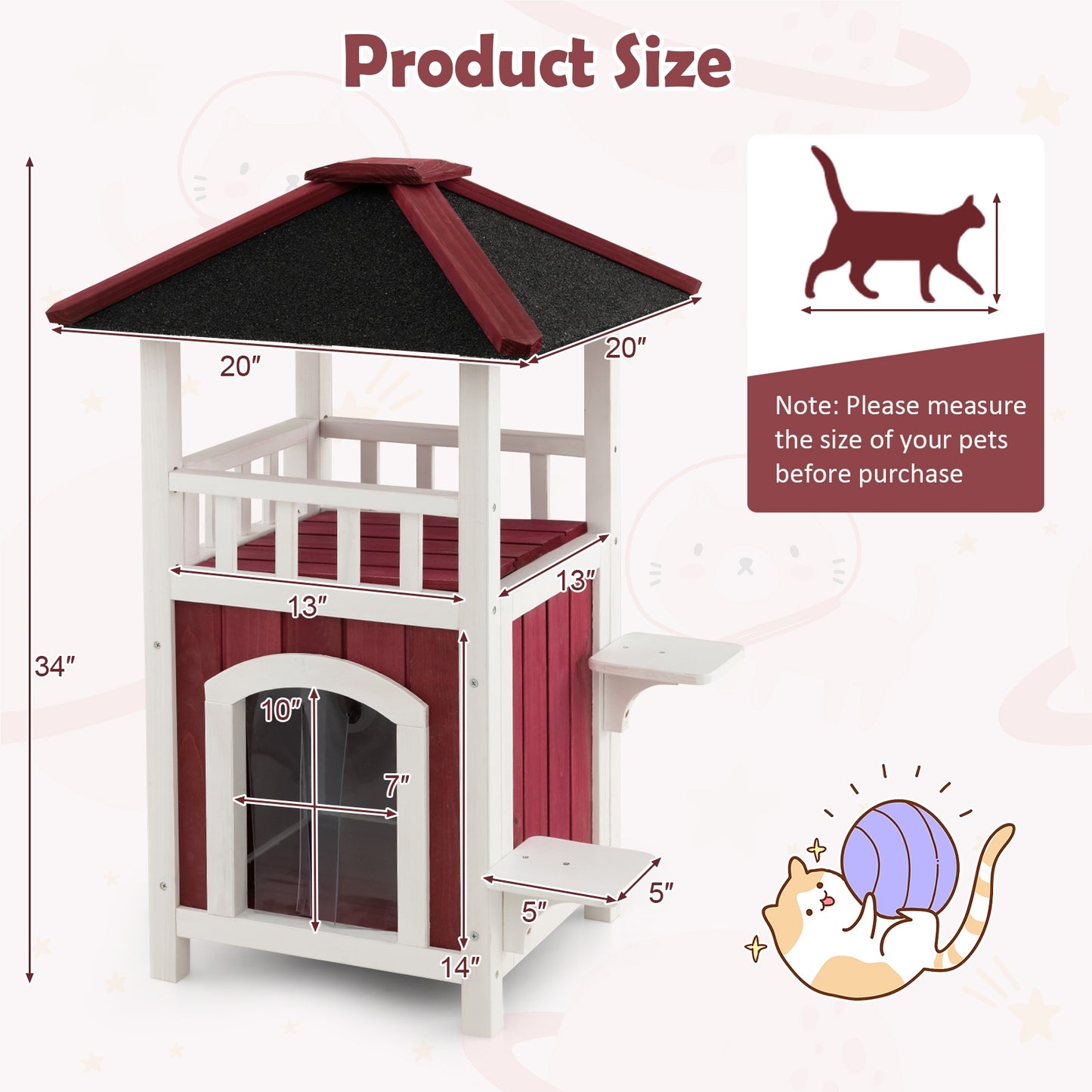 2-Story Wooden Cat House with Asphalt Roof Balcony and Rain Curtain, Red & White Cat Houses at Gallery Canada