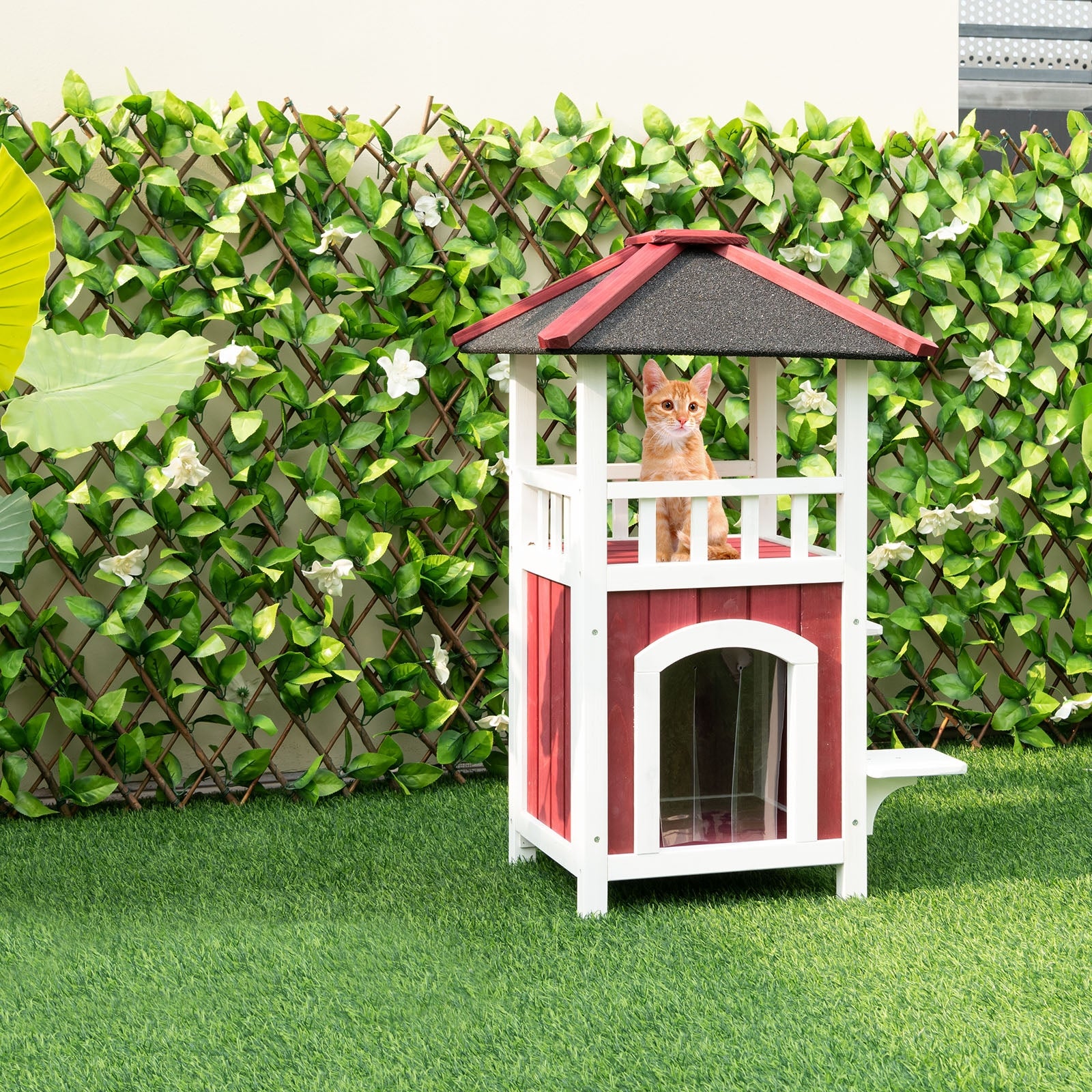 2-Story Wooden Cat House with Asphalt Roof Balcony and Rain Curtain, Red & White Cat Houses at Gallery Canada
