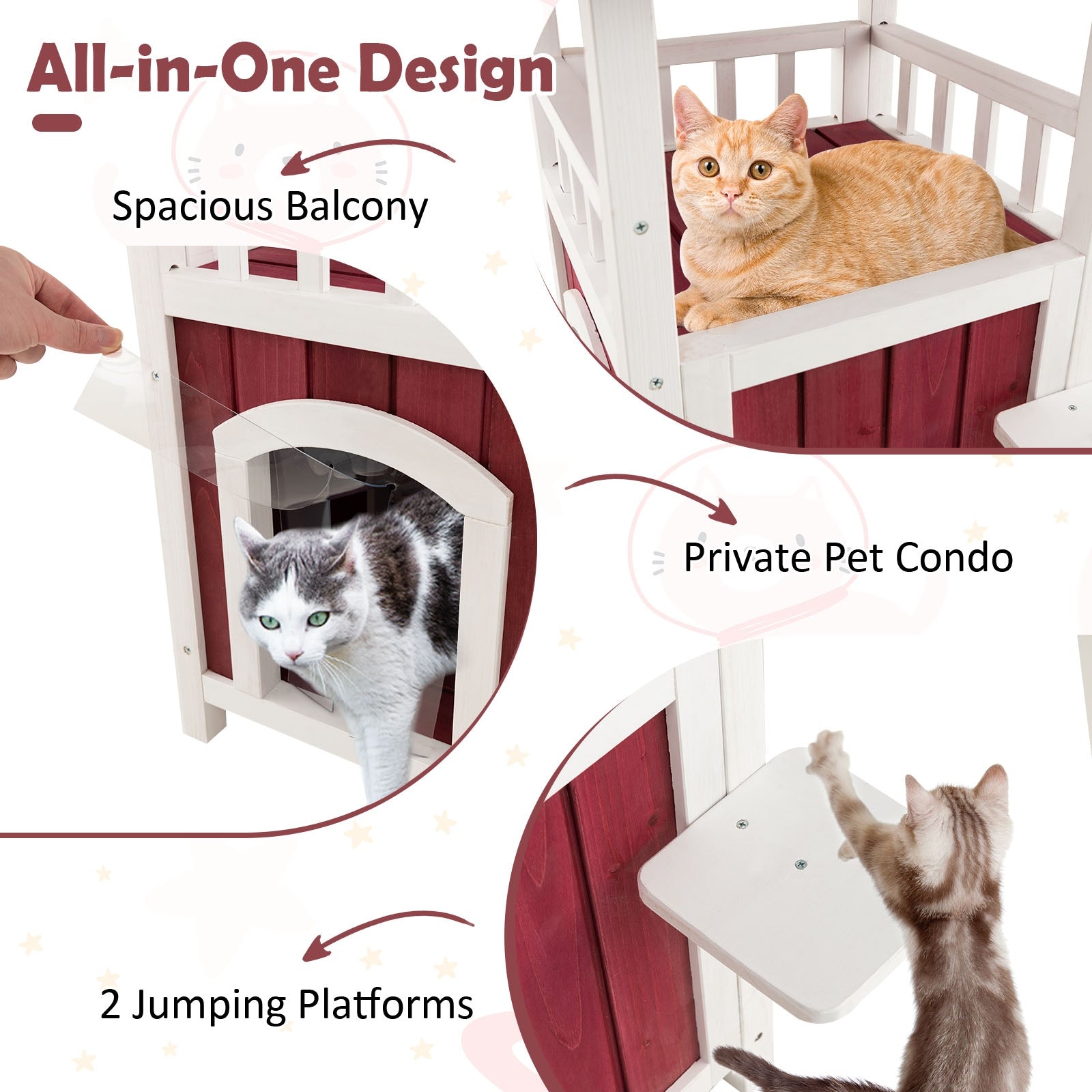 2-Story Wooden Cat House with Asphalt Roof Balcony and Rain Curtain, Red & White Cat Houses at Gallery Canada