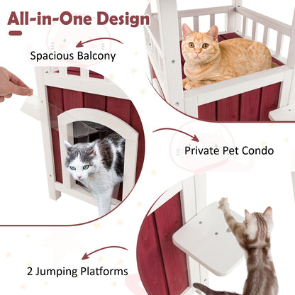2-Story Wooden Cat House with Asphalt Roof Balcony and Rain Curtain, Red & White Cat Houses at Gallery Canada