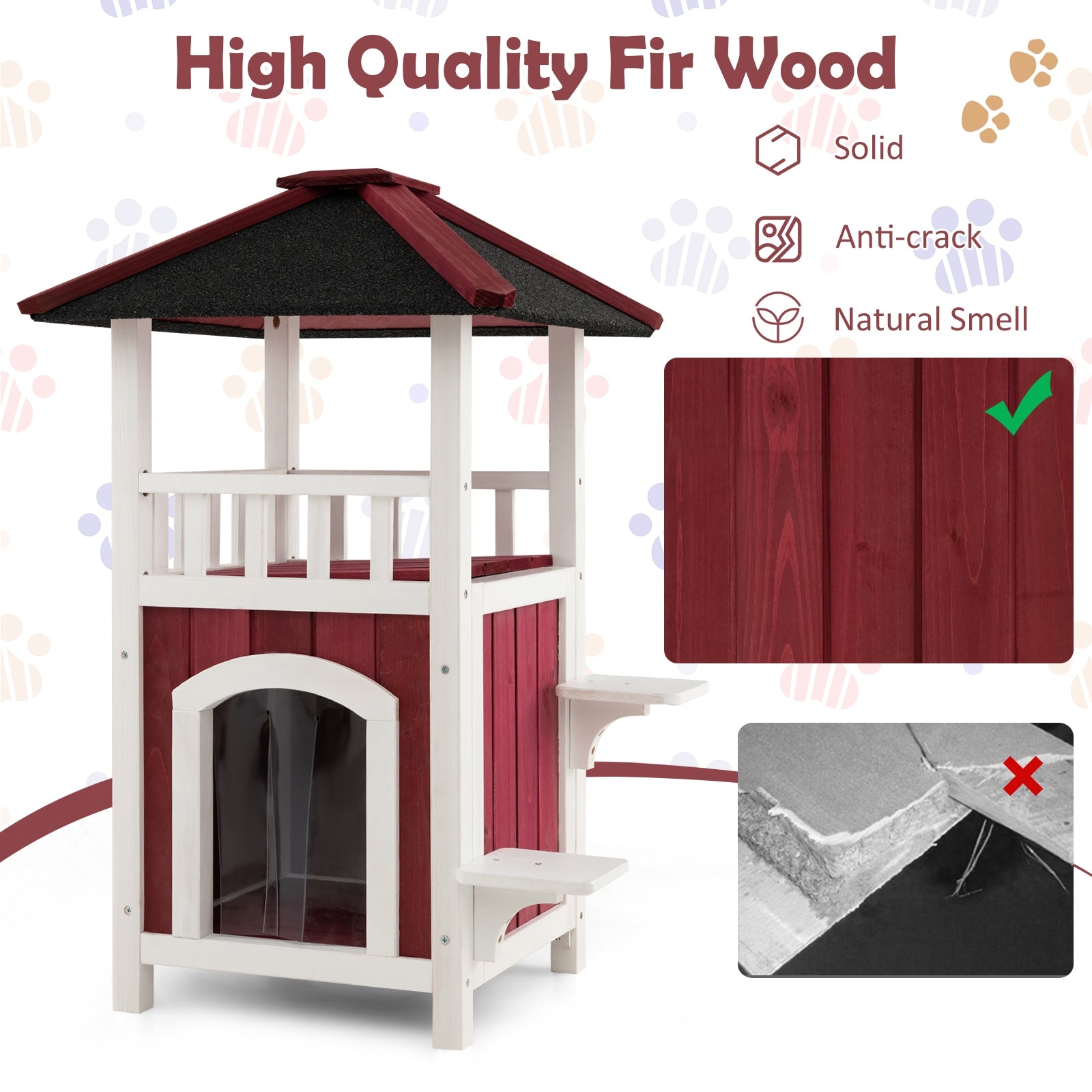 2-Story Wooden Cat House with Asphalt Roof Balcony and Rain Curtain, Red & White Cat Houses at Gallery Canada