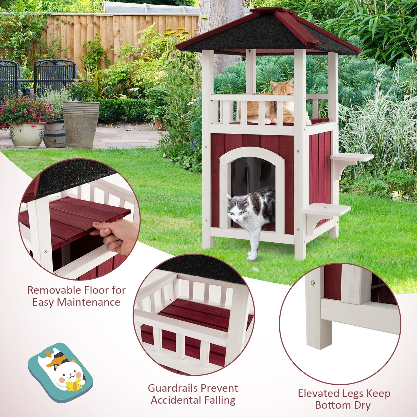 2-Story Wooden Cat House with Asphalt Roof Balcony and Rain Curtain, Red & White Cat Houses at Gallery Canada