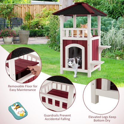 2-Story Wooden Cat House with Asphalt Roof Balcony and Rain Curtain, Red & White Cat Houses at Gallery Canada