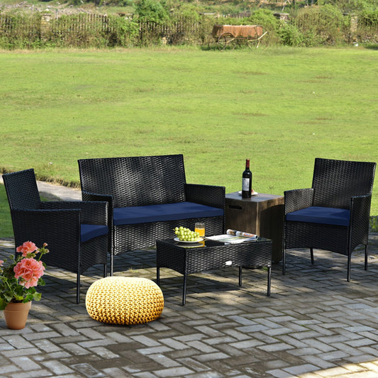 4 Pieces Patio Rattan Cushioned Sofa Set with Tempered Glass Coffee Table, Navy - Gallery Canada