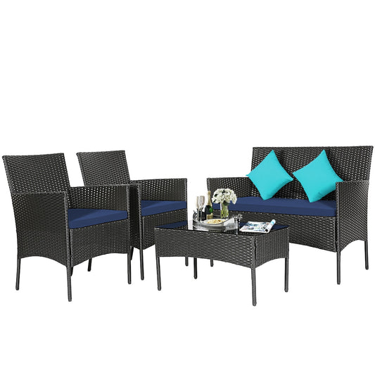 4-Piece Patio Rattan Cushioned Sofa Set, Tempered Glass Coffee Table, Navy