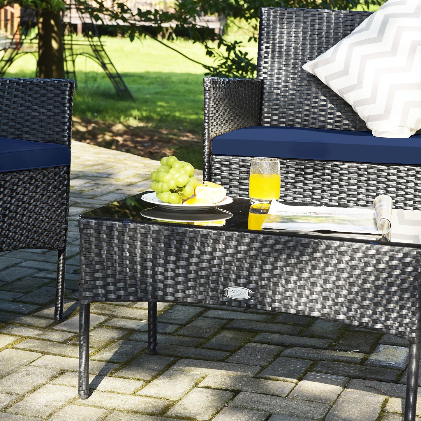 4 Pieces Patio Rattan Cushioned Sofa Set with Tempered Glass Coffee Table, Navy Patio Conversation Sets at Gallery Canada