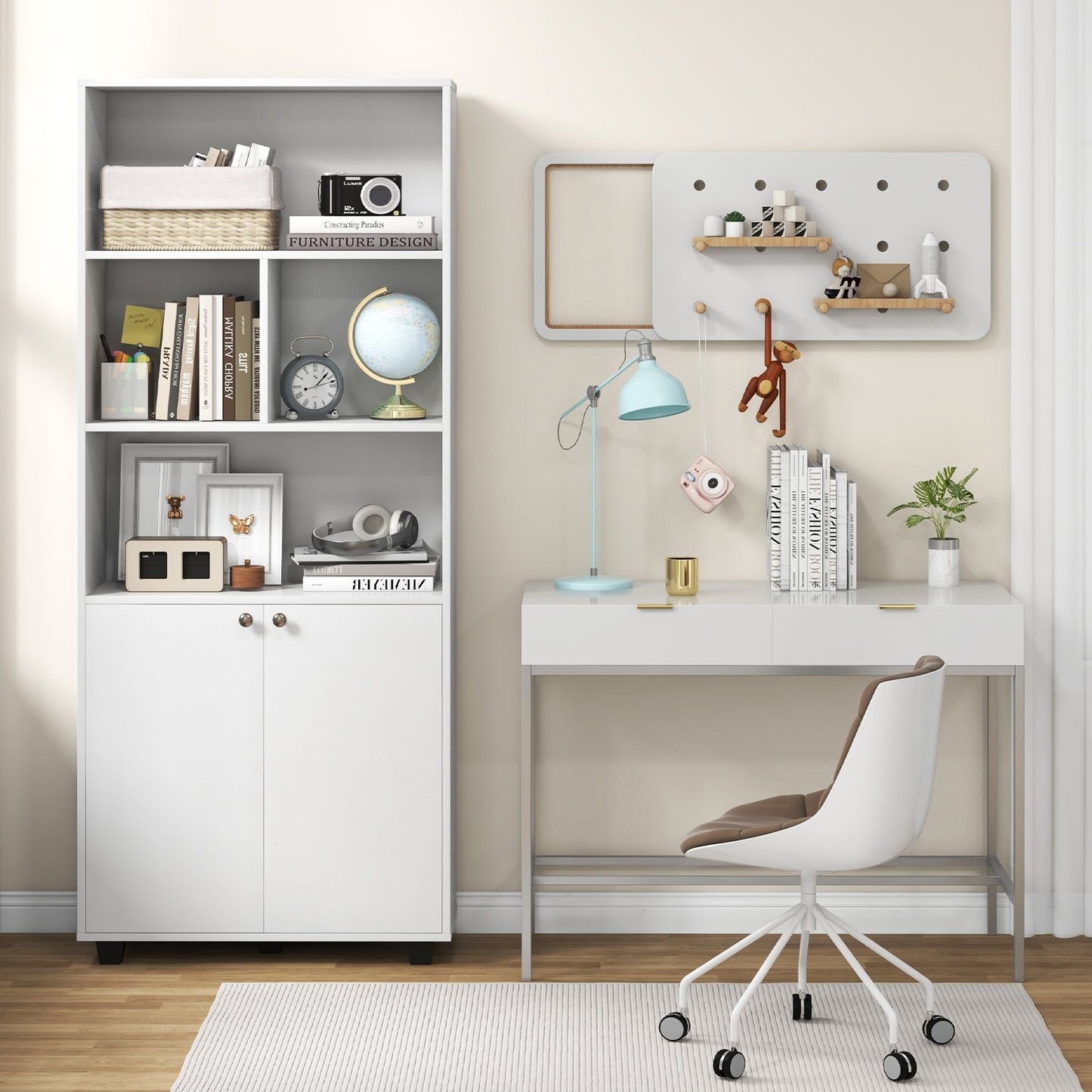 66 Inch Tall Double-Door Bookcase with Adjustable Shelf and Storage Cubes, White