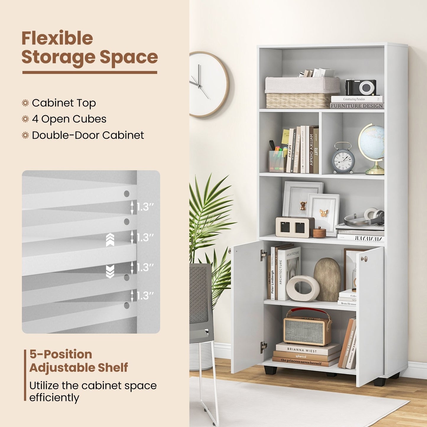 66 Inch Tall Double-Door Bookcase with Adjustable Shelf and Storage Cubes, White